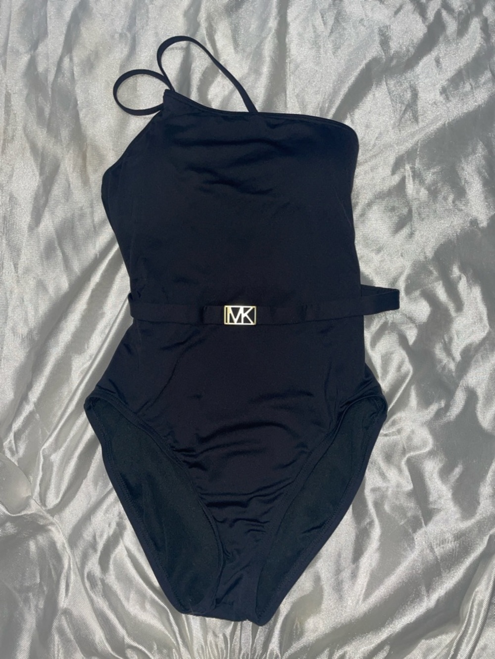 Michael Kors Black One-Shoulder Logo-Belt One-Piece Swimsuit